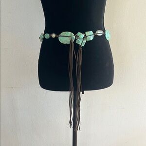 Blue and Brown Leather Belt with Unique Fringe